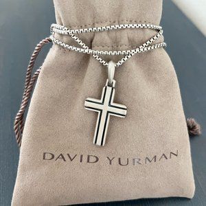 David Yurman Sterling Silver Large Deco Cross Pendant with Box Chain Necklace